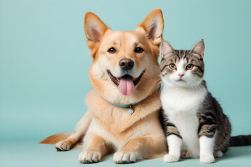 A dog and a cat smiling affectionately. Generative AI