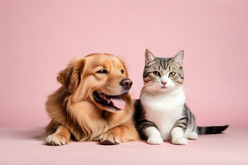 A dog and a cat smiling affectionately. Generative AI