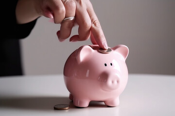 Hand putting coins into pink piggy bank