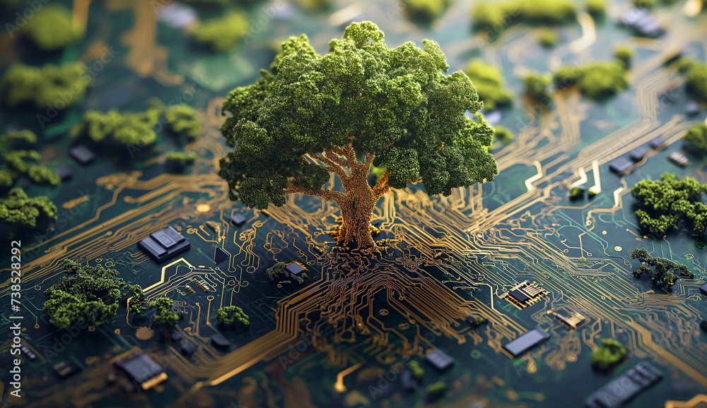 Poster A large tree with extended roots spreading over a computer motherboard, symbolizing eco-technology.