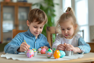 Obraz na płótnie Canvas Boy and girl coloring easter eggs