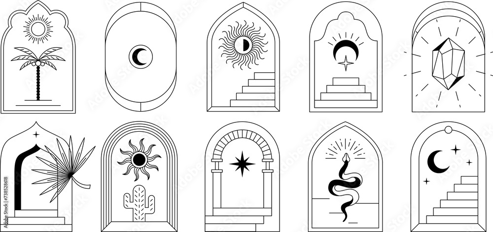 Poster boho logos linear arch frames and symbols with mystical esoteric elements