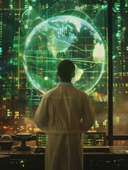 A man in a lab coat looking at a futuristic city. Generative AI.