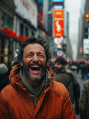 Fototapeta premium Man laughing in the city. Generative AI.