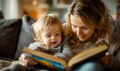 Obraz premium A woman and child reading a book together. Generative AI.