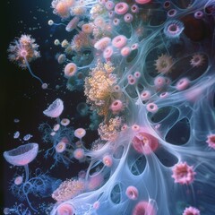 A photo of a jellyfish and other sea creatures. Generative AI.