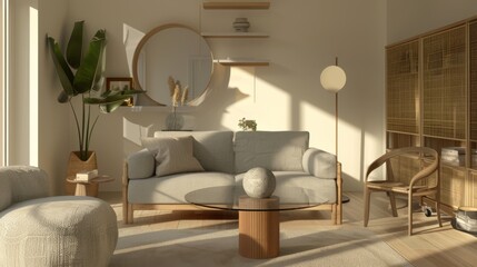 Fototapeta na wymiar Serene Living Room with Light Wooden Floor AI Generated.
