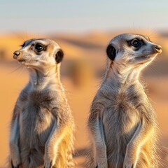 Fototapeta premium Two meerkats standing in the desert. Generative AI.