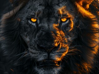 A lion with glowing eyes in the dark. Generative AI.