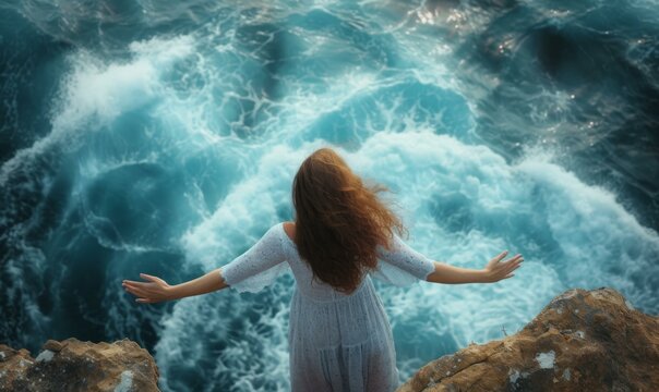 A woman standing on a rock looking out over the ocean. Generative AI.