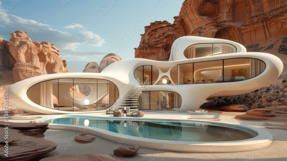 Poster a futuristic house in the desert with a pool. generative ai.