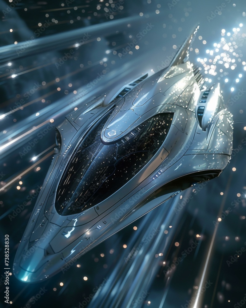 Poster a futuristic spaceship flying through space. generative ai.