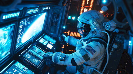 An astronaut operates complex spaceship controls in a detailed cockpit, depicting space exploration.