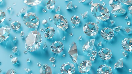 Scattered sparkling diamonds on a blue surface. luxury gems background. perfect for jewelry ads. exquisite and elegant. AI