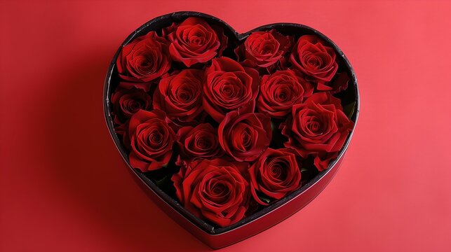 Heart-shaped box filled with red roses on a crimson background. romantic gesture for special occasions. ideal for valentine's day. AI