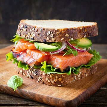 Healthy sandwich with rye bread bun, salmon, avocado, onion and salad served on a wooden rustic board.