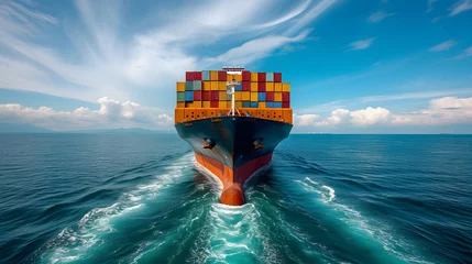 Fotobehang A large cargo ship sails across the ocean, carrying colorful shipping containers on its deck. © wcirco