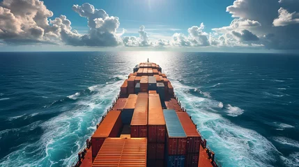 Foto op Plexiglas A large cargo ship sails across the ocean, carrying colorful shipping containers on its deck. © wcirco