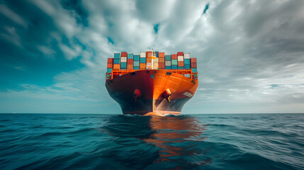 A large cargo ship sails across the ocean, carrying colorful shipping containers on its deck. - obrazy, fototapety, plakaty