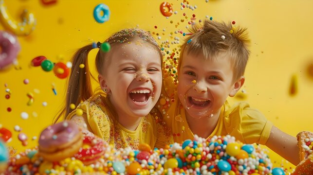 Naklejki Joyful siblings having fun in a colorful candy rain. cheerful playful atmosphere. bright vivid colors capture happiness and childhood. captivating snapshot for family concepts. AI