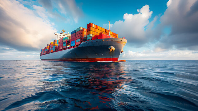 A large cargo ship sails across the ocean, carrying colorful shipping containers on its deck.