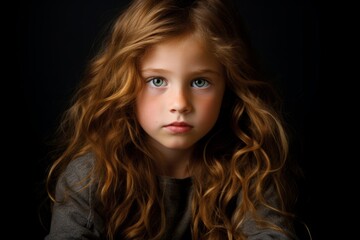 Portrait of a little girl with long curly hair on a black background