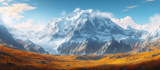Autumnal panorama view of a majestic mountain landscape, featuring a glacier-covered peak illuminated by soft white light, surrounded by yellow hilly slopes and a dry alpine meadow. - obrazy, fototapety, plakaty