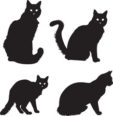 Set of Cats Black Silhouette on white background 
