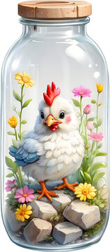 blind box lovely cute chibi chicken in glass bottle ,flower garden diorama, lighting studio,pastel, watercolor illustration, hand draw painting , isolated, white background