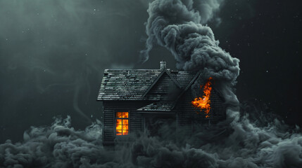 Black smoke trail of burning house - obrazy, fototapety, plakaty
