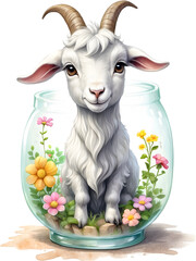 blind box lovely cute chibi goat  in glass bottle ,flower garden diorama, lighting studio,pastel,...