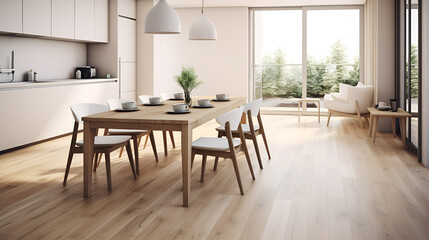 "Light wood flooring for a small dining room
