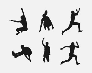 triple jump silhouette collection set. different actions, poses. vector illustration.