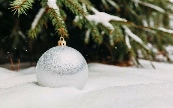 white ball with Christmas tree lies on pure snow. High quality photo