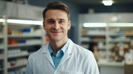 Fototapeta premium Portrait of a happy male pharmacist providing pharmacy services, medical advice on medicines, vitamins, dietary supplements and cosmetics to clients. Medical worker, Healthcare concepts.