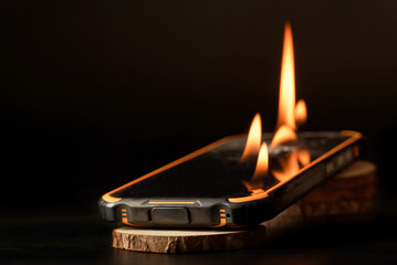 burning smartphone on wooden discs isolated on black background with copy space