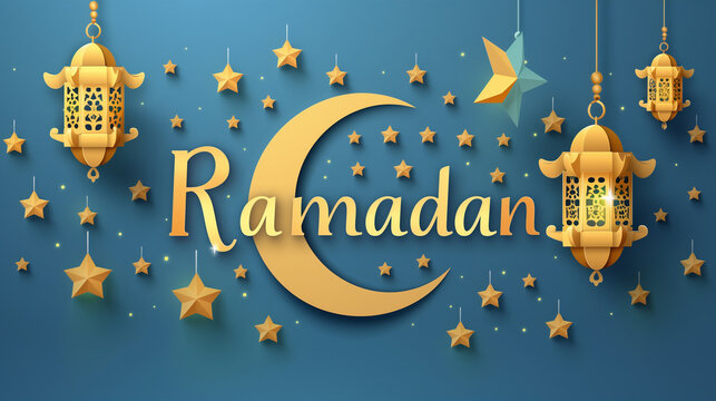 Golden Ramadan Mubarak with Hanging Lanterns and Stars