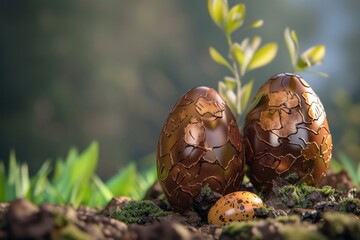 Fototapeta premium Chocolate Easter eggs with a unique world map design nestled among fresh spring greenery.