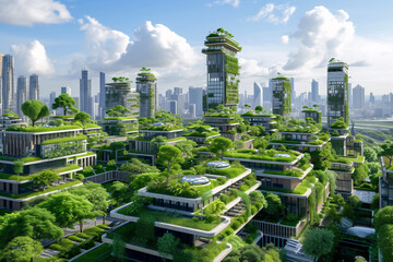 High-rise buildings in a big city, overgrown with green plants. The city as a green lung.