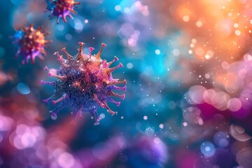 Artistic stock photo of vibrant virus particles under a microscope, blending scientific accuracy with abstract art.