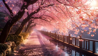 pink cherry blossom trees beautiful scenery walking path bridge by river 