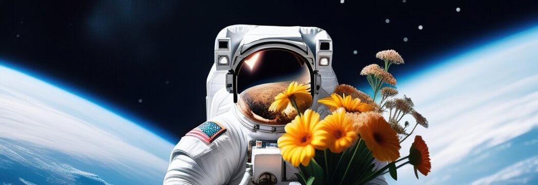 Banner Astronaut in Spacesuit with a Festive Bouquet of Flowers in his Hands in Space. Illustration Concept for Celebrating Cosmonautics Day. Space Exploration, Satellite Launch, Flight to the Moon