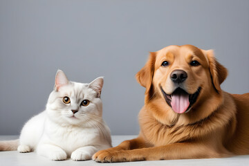 A dog and a cat smiling affectionately. Generative AI
