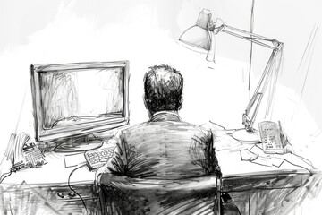 Monochrome Sketch of a Person Working Intently at a Computer Desk