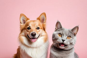 A dog and a cat smiling affectionately. Generative AI