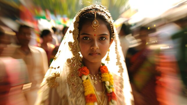 Amidst the jubilant chaos, a bride walks alone in isolation. A concept of child marriage.