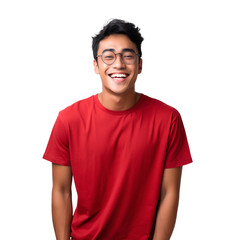 Portrait of a happy young man smiling and laughing, wearing glasses, isolated on white background