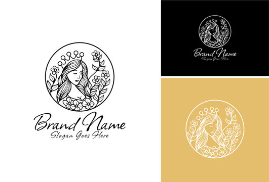 Feminine Queen with crown and flowers. Luxurious Queen icon design. Beautiful queen woman set logo template. 
