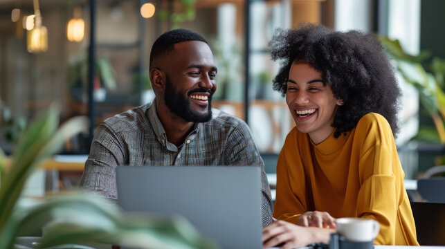 Team collaboration and partnership with man and woman using laptop at cafe. Workplace diversity.