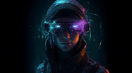 Obraz na płótnie Canvas female hacker, the glow of virtual reality interfaces reflecting in her virtual helmet